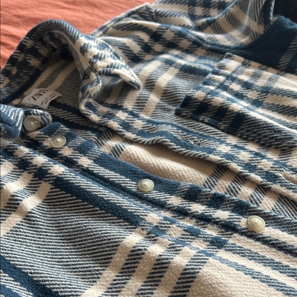 Zara Navy and Cream plaid Shirt Jacket - Picture 3 of 5